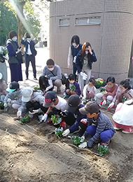令和2年10月31日 地域の方の指導を受けながら子供たちが花壇に花を植えました